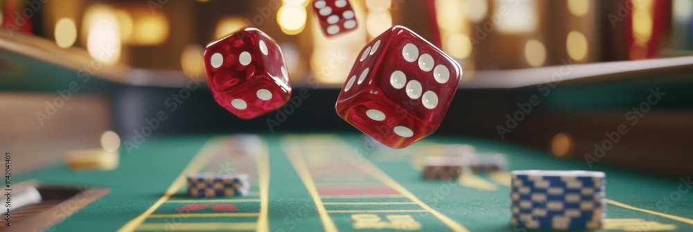 Fototapete Red dice are flying through the air over a craps table, surrounded by colorful chips as players eagerly await the outcome. Generative AI