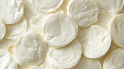 Slices of mozzarella showcasing its glossy, stretchy texture