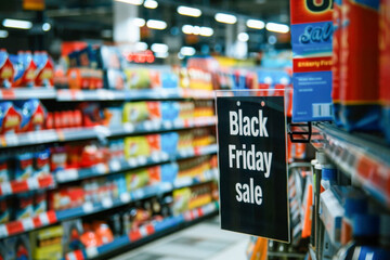 Black Friday sale sign in a busy store aisle, promoting discounts and offers during the high-traffic shopping event. Copy space