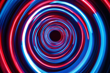 Fototapeta premium Graphic design art of abstract illusion of spiral with geometric shapes of red and blue neon lines. generative AI