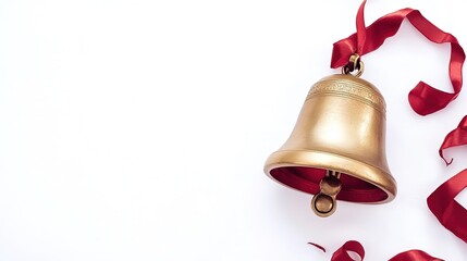 Golden bell with red ribbon on white background