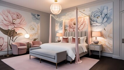 Modern bedroom with textured wallpaper and luxurious bedding elements