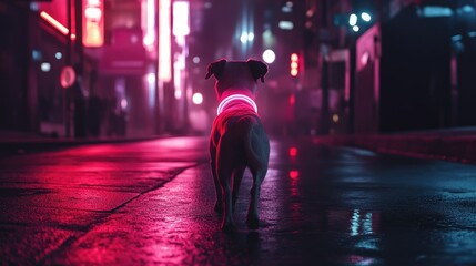Dog wearing a neon collar playfully exploring an empty city street at night, urban lights reflecting all around.