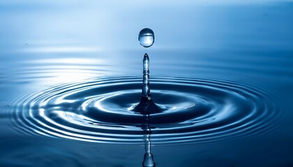 a drop of water is falling into a large body of water the water is calm and still with no ripples or waves the drop of water is small and clear and it seems to be the only thing in the scene