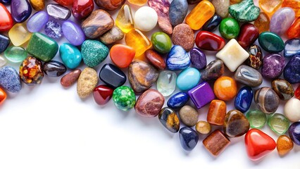 Colorful semi precious stones floating in the air on a white background