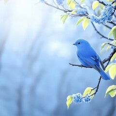 A vibrant blue bird perched on a branch adorned with spring blooms in a serene forest setting