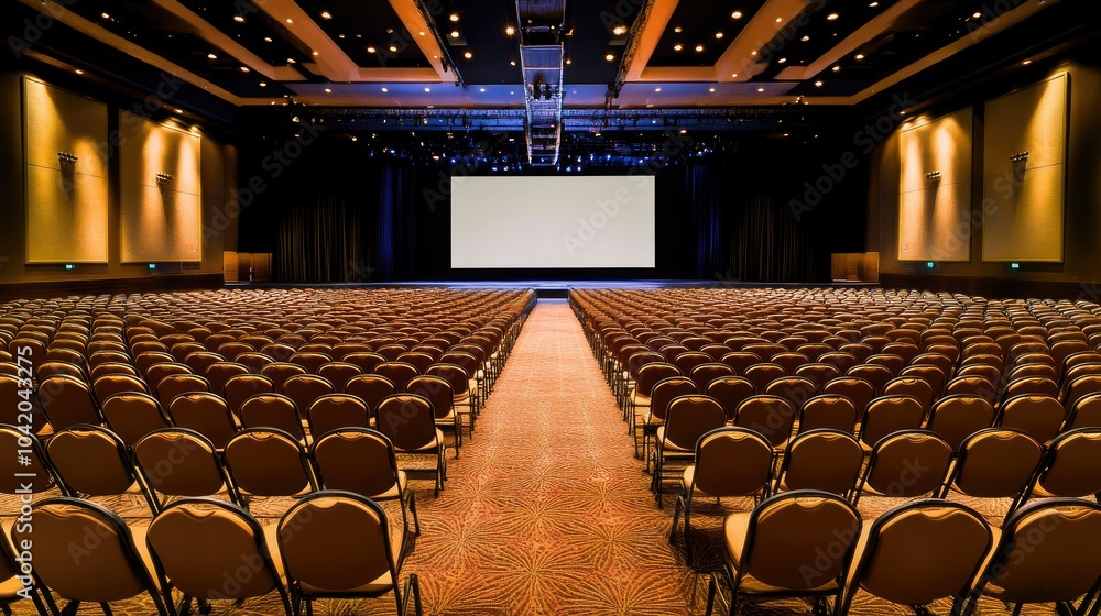 Poster empty rows of seats in a large hall, facing a blank screen on stage, perfect for keynote or event se