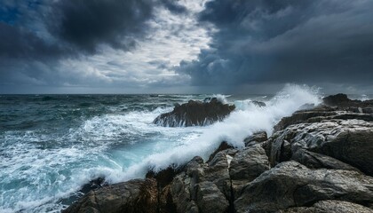 Obraz premium a stormy ocean with a rocky shoreline the sky is dark and cloudy and the waves are crashing against the rocks scene is intense and dramatic with the power of the ocean
