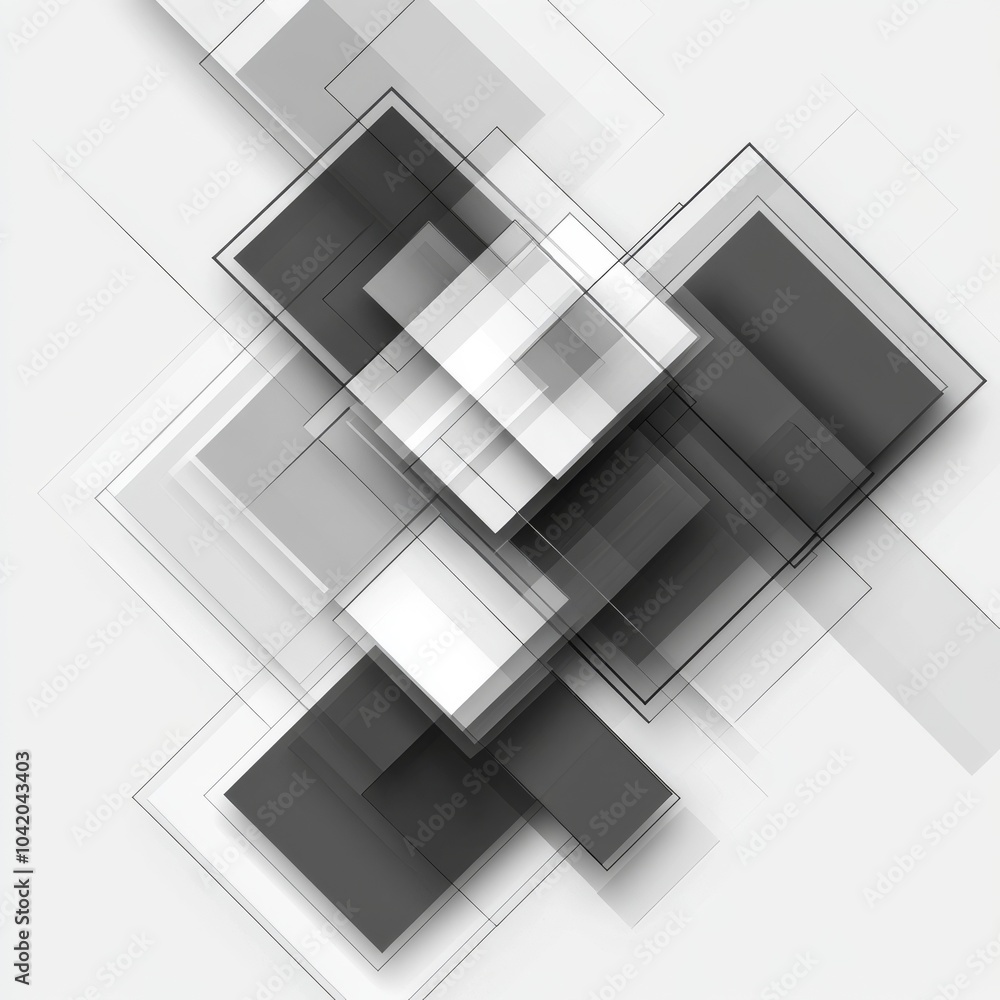 Poster abstract composition of overlapping black and white squares in varying opacities and sizes, creating