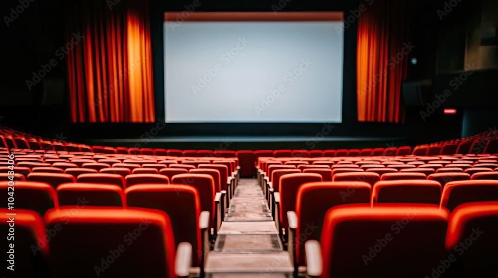 Poster empty rows of seats leading up to a blank screen stage, with focus on the minimalist setup of the th
