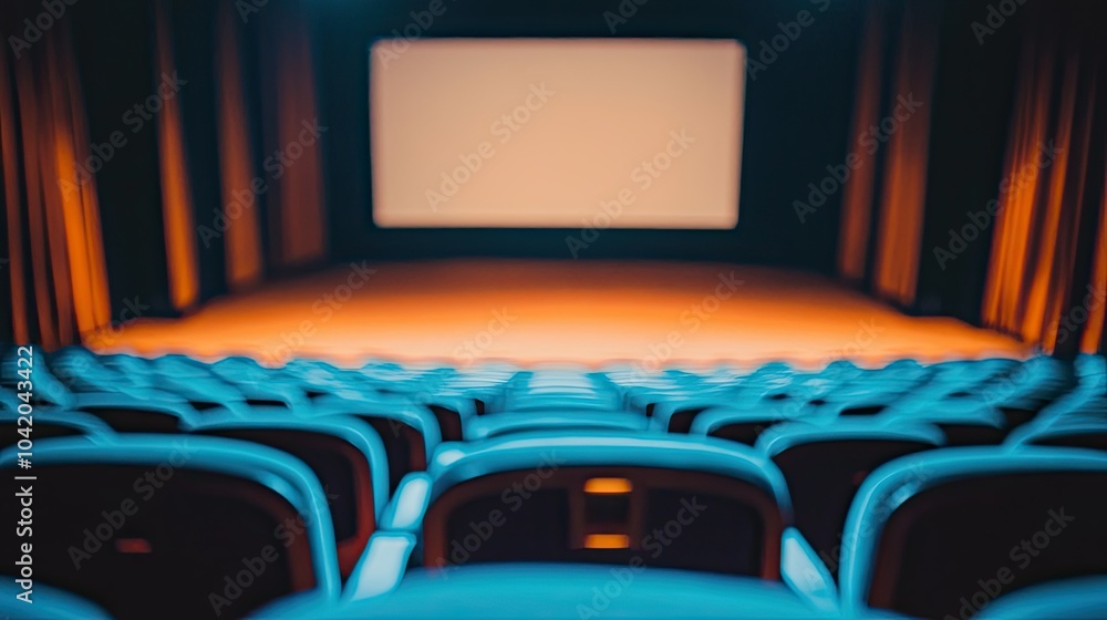 Poster empty rows of seats leading up to a blank screen stage, with focus on the minimalist setup of the th