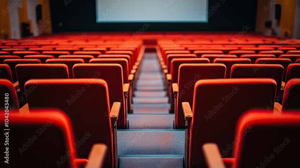 Poster empty rows of seats leading up to a blank screen stage, with focus on the minimalist setup of the th
