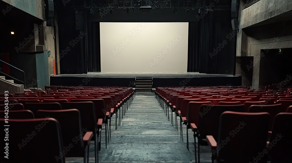 Poster empty rows of seats leading up to a blank screen stage, with focus on the minimalist setup of the th