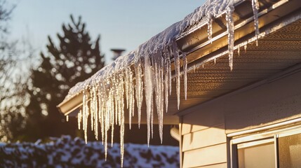 Icicles hanging from a roof edge during winter.