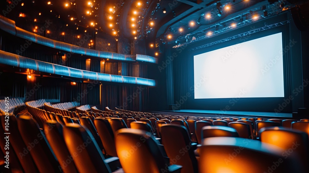 Poster empty theater seats and a blank projector screen in a large modern event space, lit by ambient light
