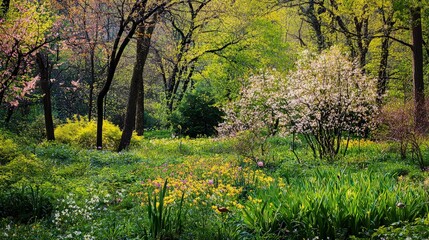 Fototapeta premium Lush green forest with blooming flowers and trees in spring.
