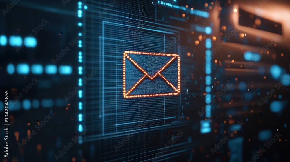 Poster digital email icon glowing against a futuristic background with abstract data patterns and blue ligh