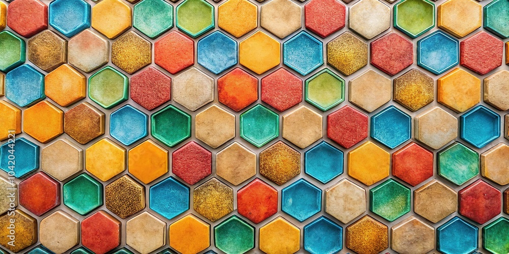 Poster colorful hexagonal tiles with textured surface in beehive pattern from high angle view