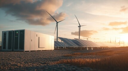 Energy storage battery systems with solar panels and wind turbines in the background, highlighting green energy solutions.
