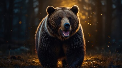 Fototapeta premium A majestic brown bear emerges from the shadows of a dark forest, illuminated by a burst of golden light. Its thick, shaggy fur is a rich brown color, contrasting with the surrounding darkness.