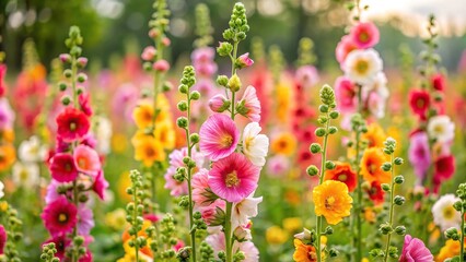 Colorful hollyhock flowers in a field