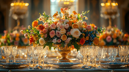 A luxurious dining experience in an opulent palace setting. The table is adorned with sparkling crystal glasses, golden cutlery, and vibrant floral arrangements.