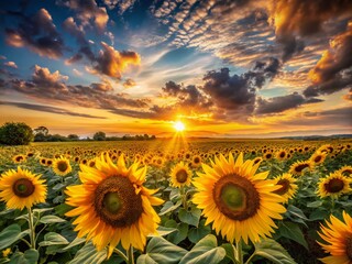 Fototapeta premium Stunning Sunflower Field at Sunset - Vibrant Colors and Serene Landscape for Nature Lovers