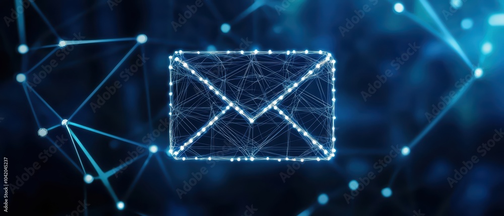 Poster digital envelope icon design with glowing blue lines on a dark background, representing communicatio