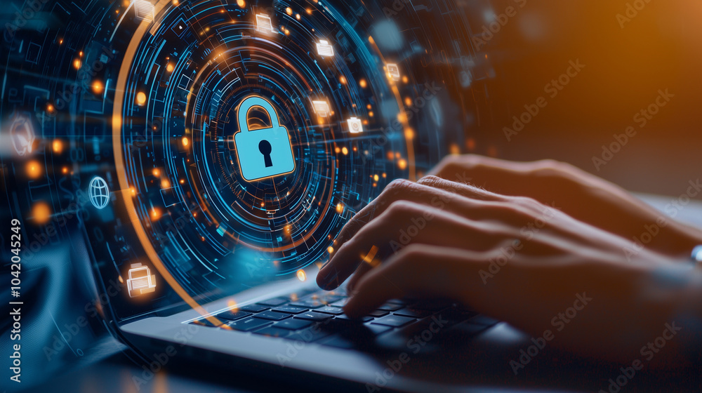Poster hands typing on laptop with security overlay and cybersecurity icons