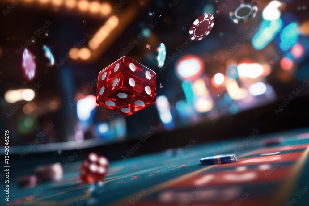 Fototapete The red dice fly above a craps table in a lively casino, surrounded by an array of colorful poker chips scattered across the felt. Generative AI