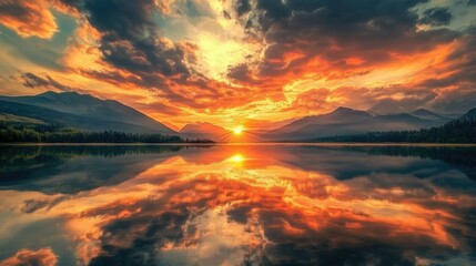 Fiery clouds reflecting the sunset over a mountain range, creating a dramatic skyscape