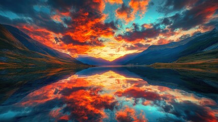 Obraz premium Fiery clouds reflecting the sunset over a mountain range, creating a dramatic skyscape