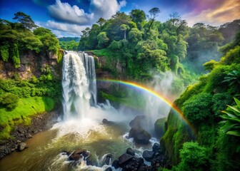 Stunning Tilt-Shift Rainforest Waterfall with Rainbow and Misty Spray in Lush Nature Landscape
