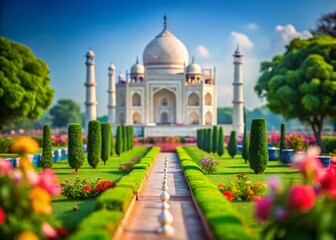 Fototapeta premium Stunning Tilt-Shift View of the Taj Mahal in India’s Gardens – Captivating Landscape Photography