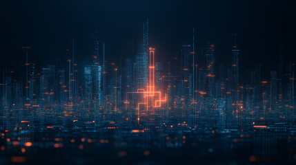 Naklejka premium Futuristic smart city filled with wifi signals, network hubs glowing, buildings connected through visible data streams, digital innovation