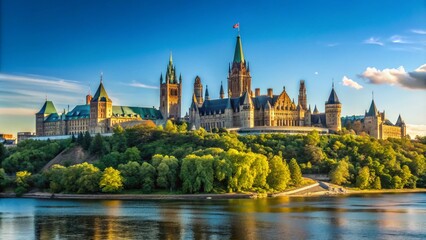 Naklejka premium Stunning View of Parliament Hill in Downtown Ottawa, Canada - Iconic Landmarks and Scenic Beauty