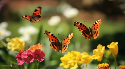 Obraz premium Three orange and black butterflies fly over colorful flowers in a sunny garden.