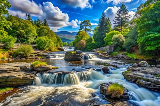 Stunning View of Falls of Dochart in Killin, Scotland with Lush Greenery and Tranquil Waters, Perfect for Nature