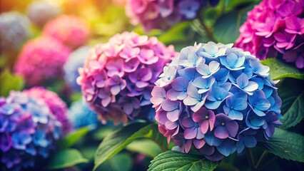 Colorful hydrangea flowers with retro vintage style filter effect macro shot