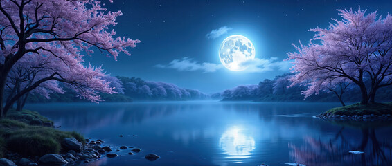 Fototapeta premium Ethereal moonlit lake surrounded by blooming cherry trees, reflecting full moon and pink blossoms in calm waters on a serene spring night