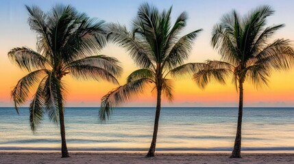 Three palm trees silhouetted against a vibrant sunrise over a calm ocean.