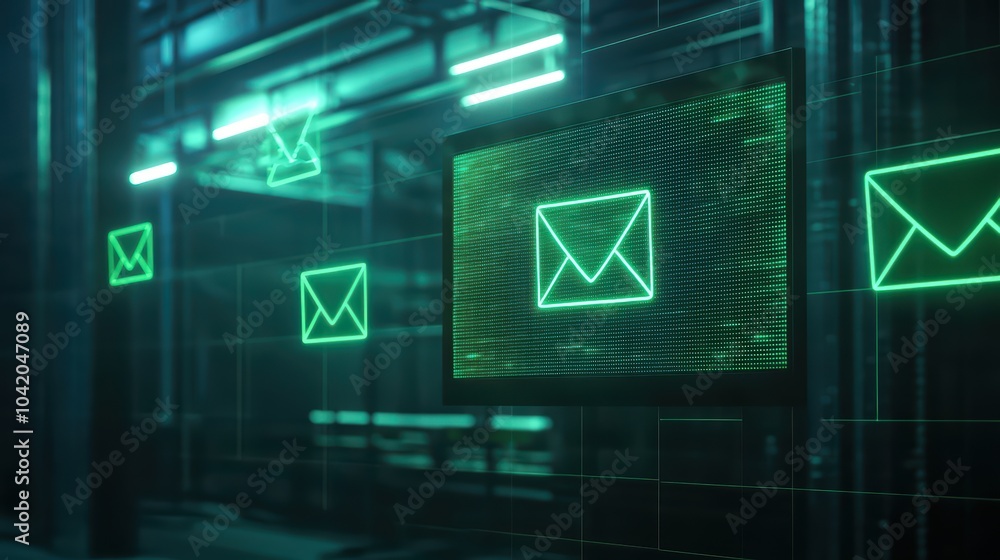 Poster digital mail notifications displayed in futuristic neon green lights against a high-tech background.