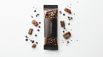Flat lay of a protein bar wrapper mockup with customizable logo and design areas, isolated on a white background.