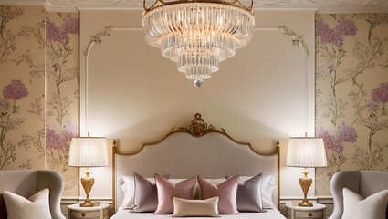 Sophisticated bedroom showcasing bold wallpaper and luxurious modern furnishings