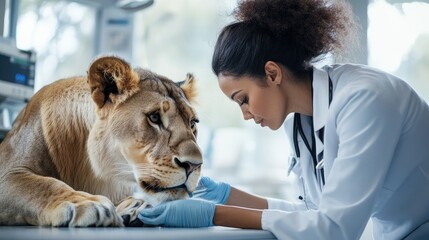 Veterinarian examining a majestic lioness in a clinic