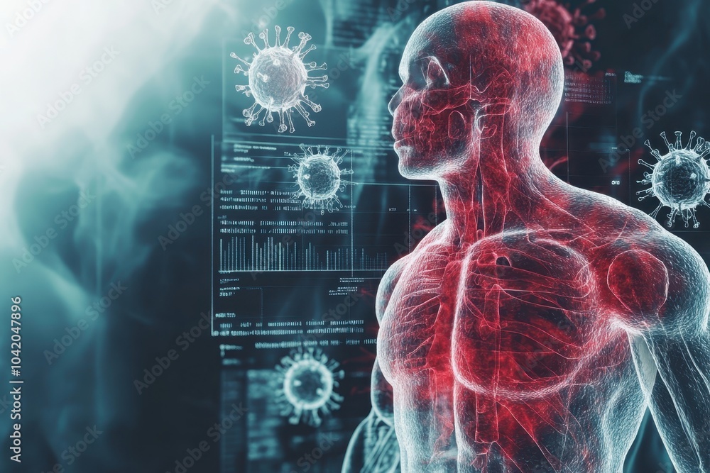 Aufkleber the visualization shows a human figure with internal organs surrounded by virus particles and data