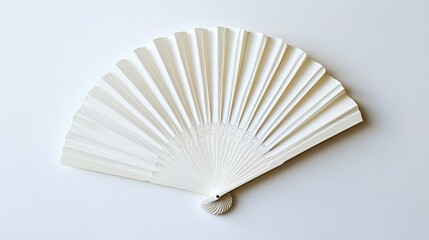 Flat lay of a white folding hand fan, with its pleats fully extended, against a clean white background.
