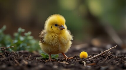 A furry yellow chick stands on the leaf bed, her fur ruffles and her eyes are wide with curiosity. The soft and fine -haired plumage is bright yellow, contrasting with a darker green background