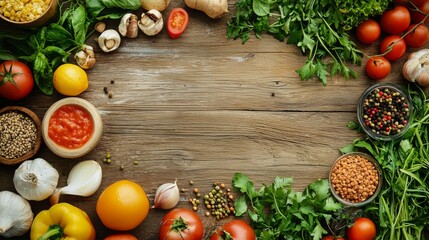 Wooden table surrounded by fresh vegetables and ingredients