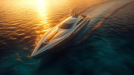 An elegant 3D-rendered luxury yacht cruising through crystal-clear turquoise waters at sunset.